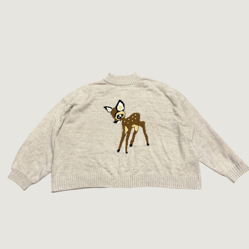Disney Bambi Mock Neck Sweater Womens 2X Oatmeal Beige Intarsia Knit Pullover